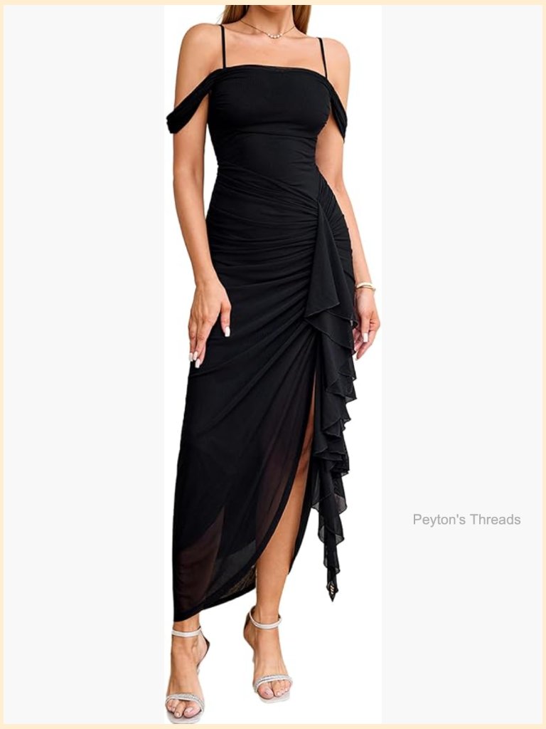 Elegant Bodycon Maxi Dress Ruched Ruffle Slit Formal Cocktail